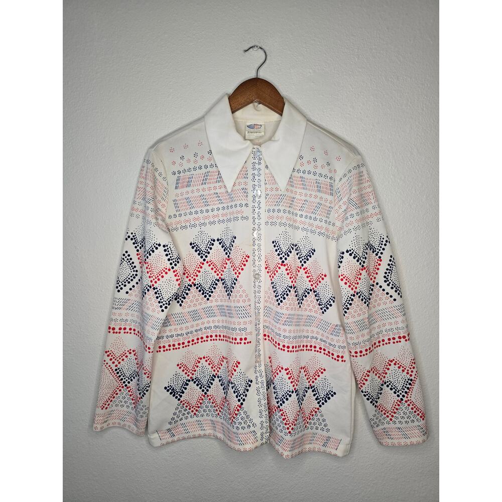 Vintage Womens Button Up Geometric Shirt Mod Polka Dot Blouse Land' n Sea 1970s